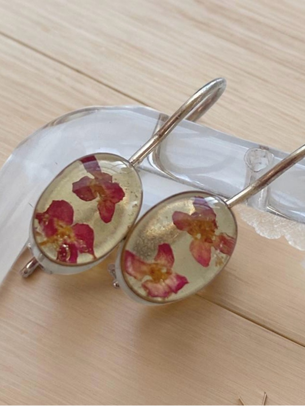 Handmade Pink Floral Resin Oval Drop Earrings in Sterling Silver